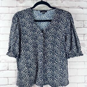 Cocomo Navy  & White Modern Polka Dot Short Sleeve Full Button Flowy Top | L